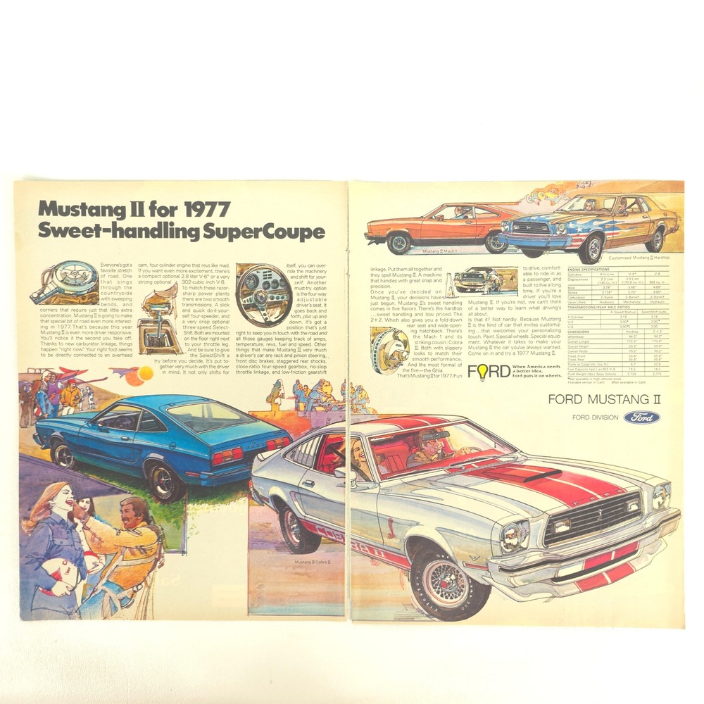Ford Mustang II 1977 Cobra Mach 1 Print Ad Super Coupe Vintage Garage Wall Art